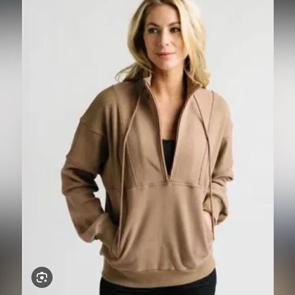 Zyia Active Tan Brown Quarter Zip Sweatshirt Jacket - Picture 1 of 14